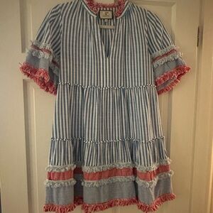 Striped Blue and Red Dress with Fringe